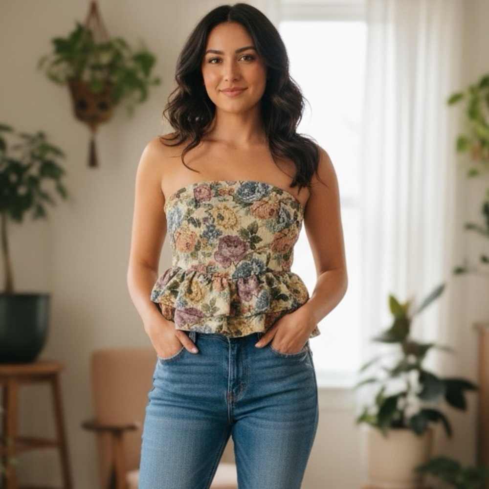 Floral Tapestry Strapless Peplum Top. Size 6